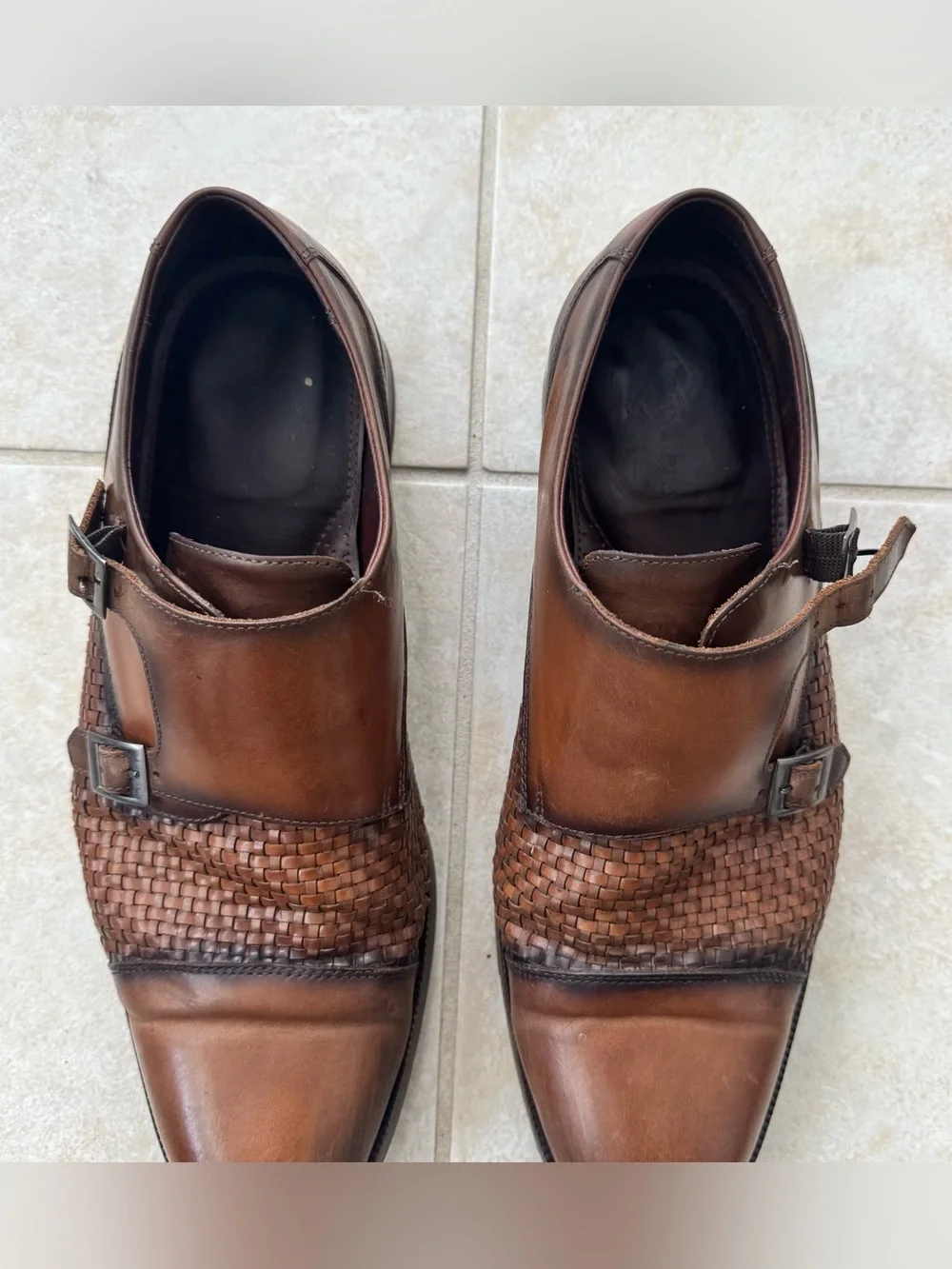 Studio Belvedere Mens 10 Double Monk Strap Buckle Woven Cognac Leather Shoes